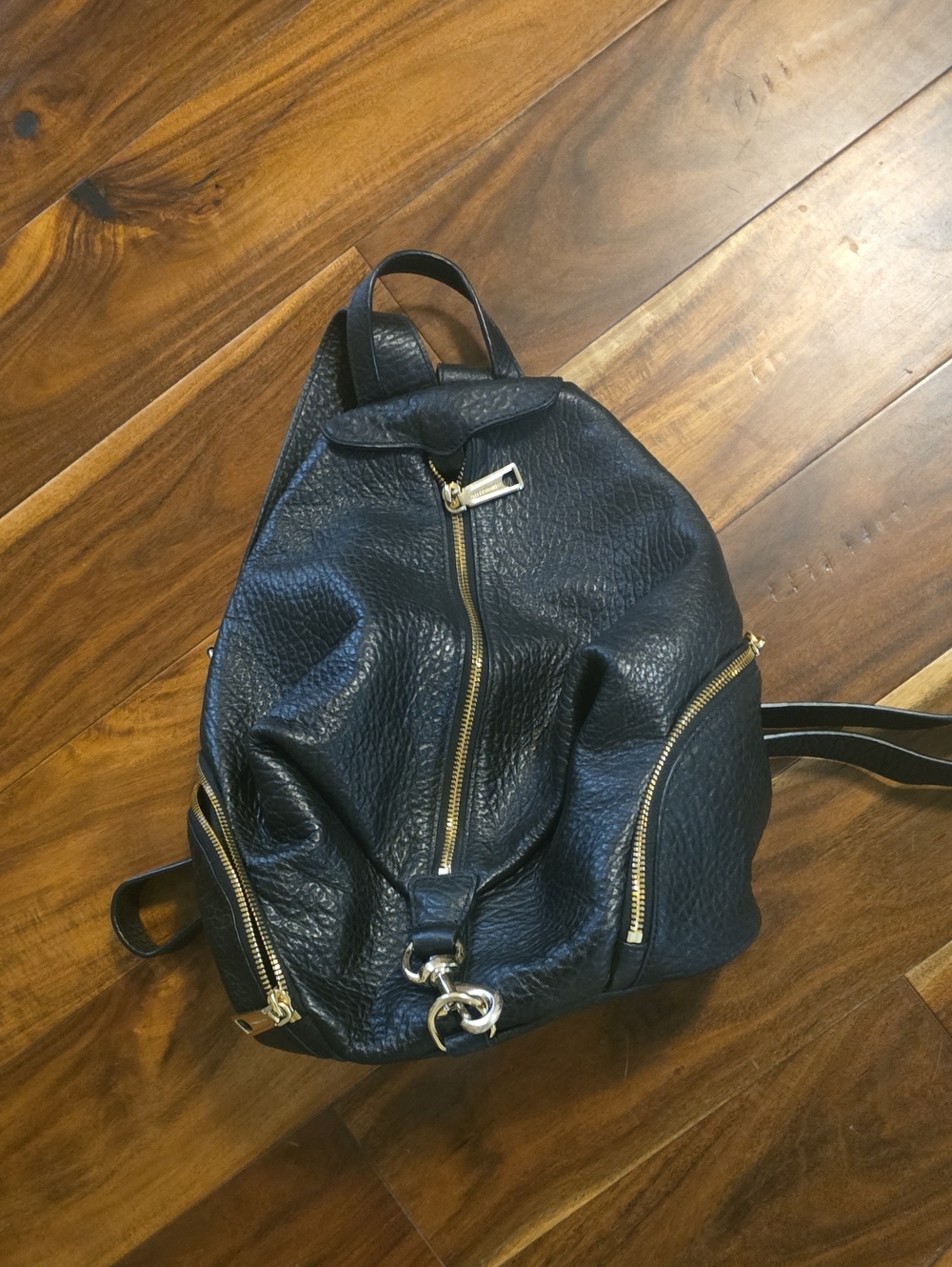 Rebecca Minkoff Black Pebbled Leather Backpack with Gold Accent Pull